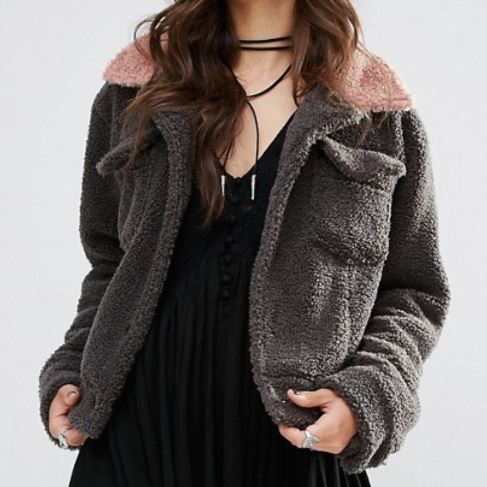 Faux Shearling Pink Collar Jacket | US L